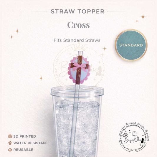 Wooden Cross Pink Bow Straw Topper For Standard Straws
