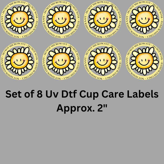 Smiling Sun Flower Cup Care Labels Set of 8 Uv Dtf Decals