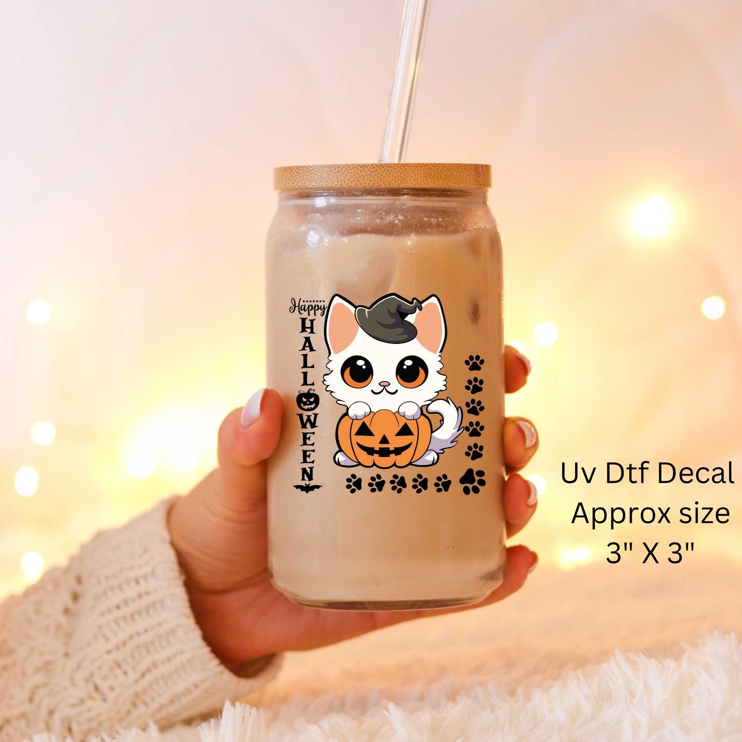 UV Dtf Decal Happy Halloween Kitty Cat | Double Sided