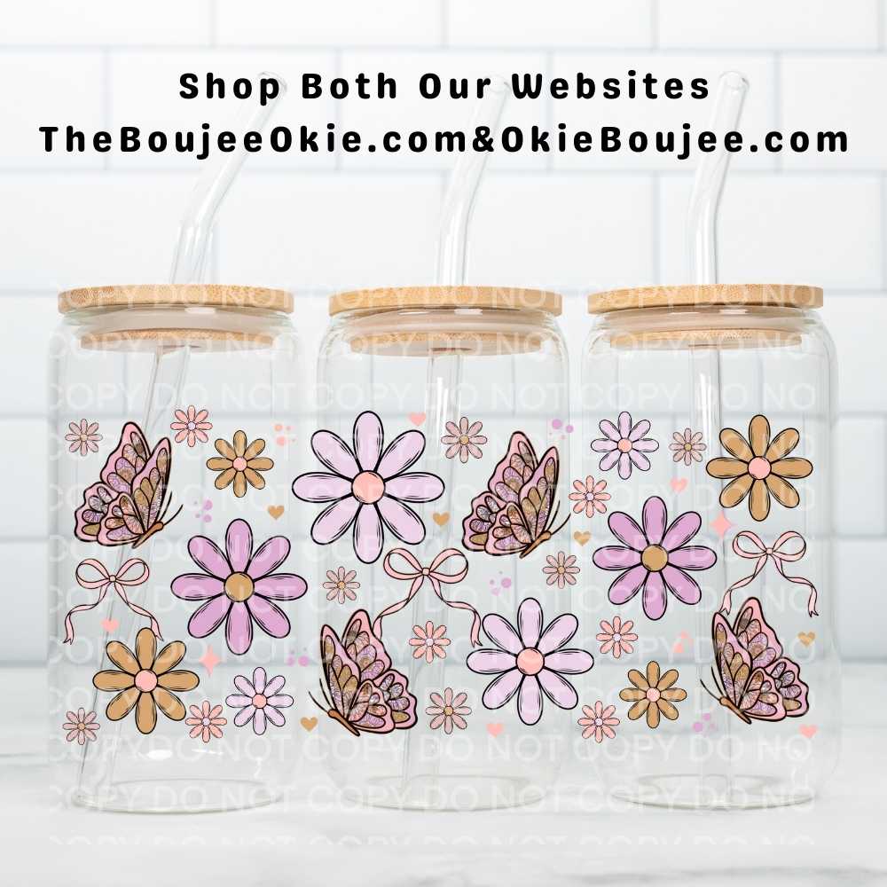 Butterflies & Daisies UV DTF Double-Sided Wrap – 16oz Glass Can & Tumbler Design