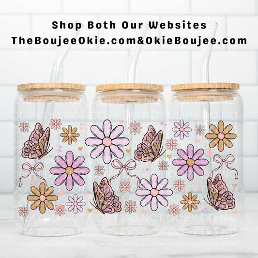 Butterflies & Daisies UV DTF Double-Sided Wrap – 16oz Glass Can & Tumbler Design