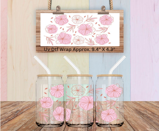 Uv Dtf Wrap Delicate Line Art Flowers In Pink