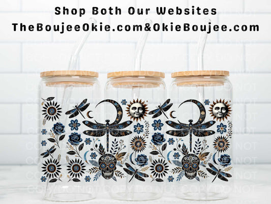 Dragonflies Sun Moon Skulls Dark Floral Elements Double Sided Uv Dtf Wrap