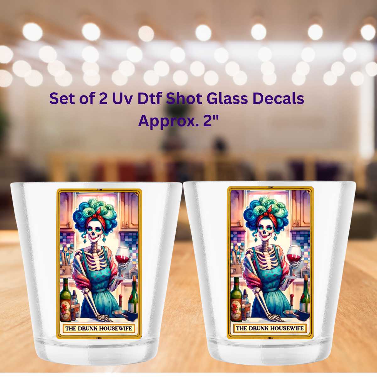 Drunk Housewife Tarot Card Double-Sided UV DTF Shot Glass Decal Set of 2