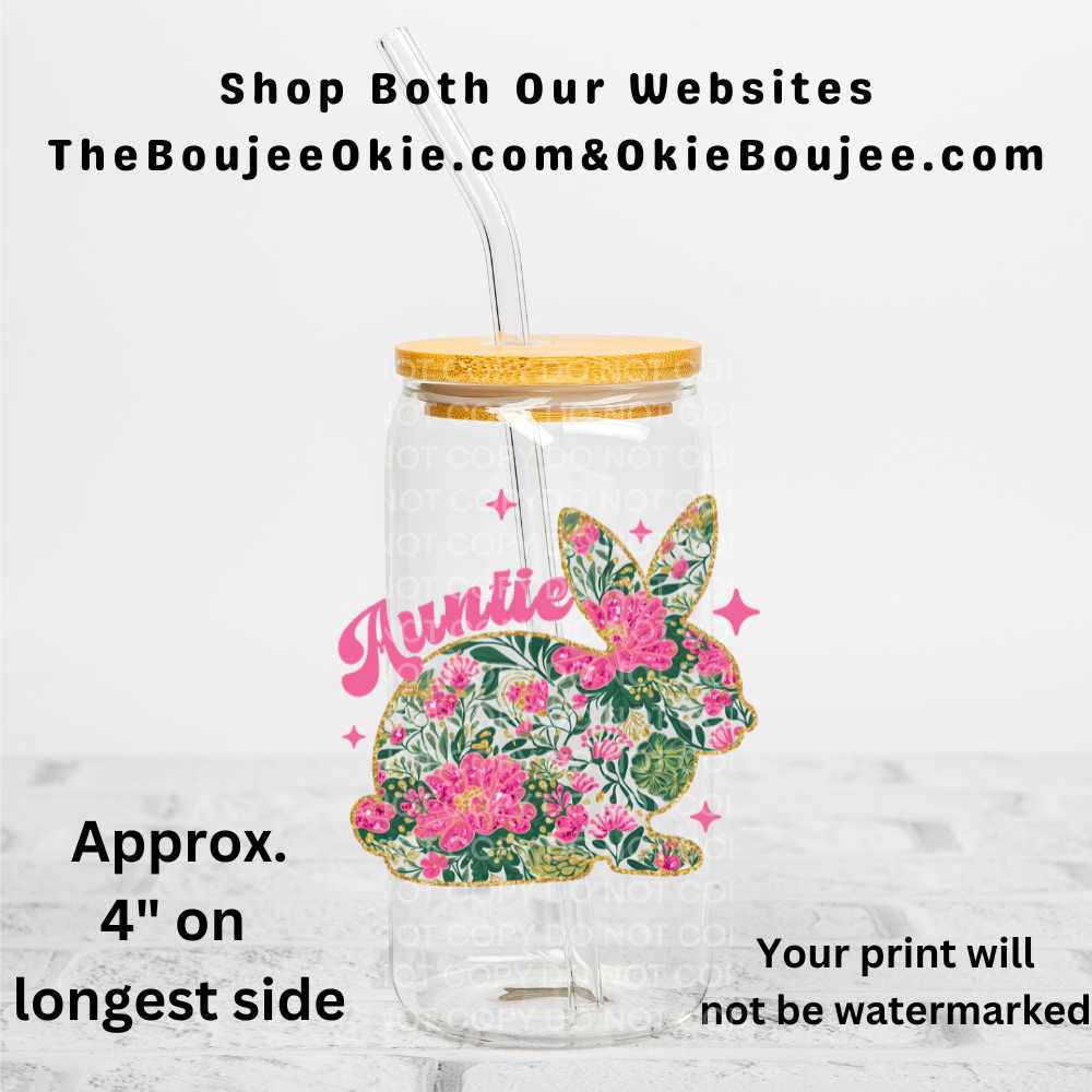 Auntie Easter Floral Rabbit UV DTF Double-Sided Decal – 16oz Glass Can & Tumbler Design