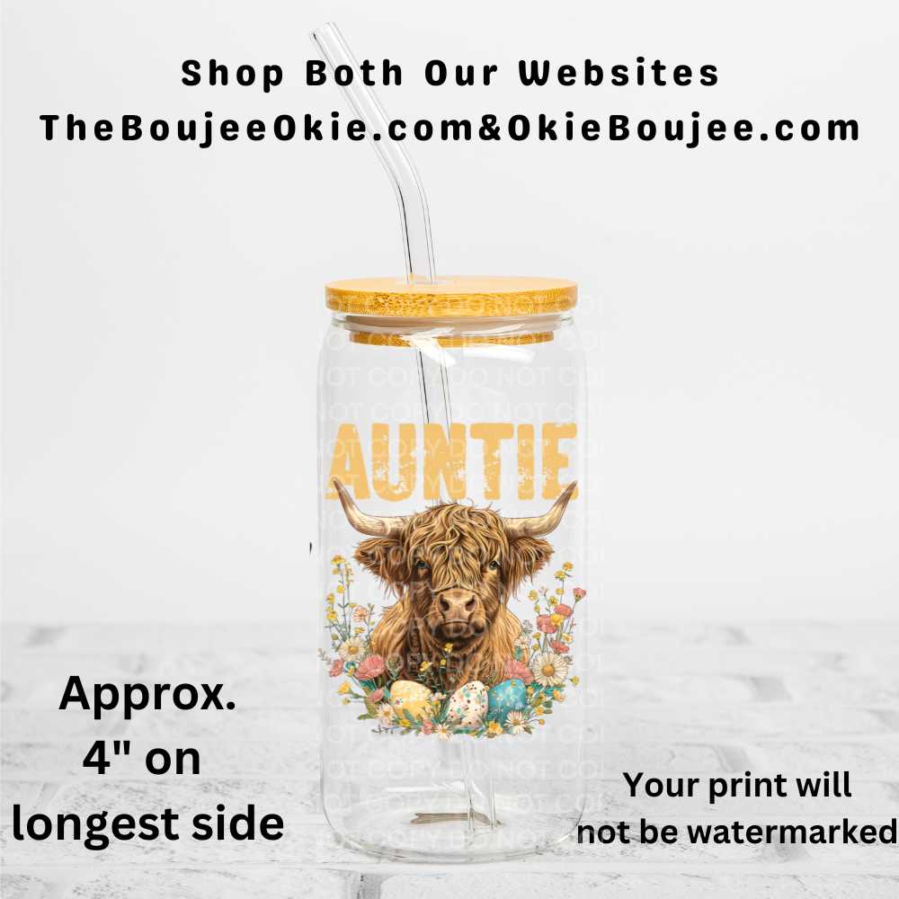 Auntie Easter Highland Cow UV DTF Double-Sided Decal – 16oz Glass Can & Tumbler Design