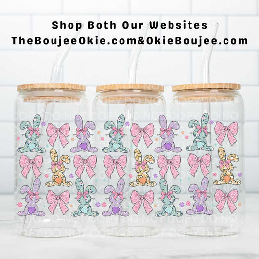 Easter Little Bunnies & Bows UV DTF Double-Sided Wrap – 16oz Glass Can & Tumbler Design