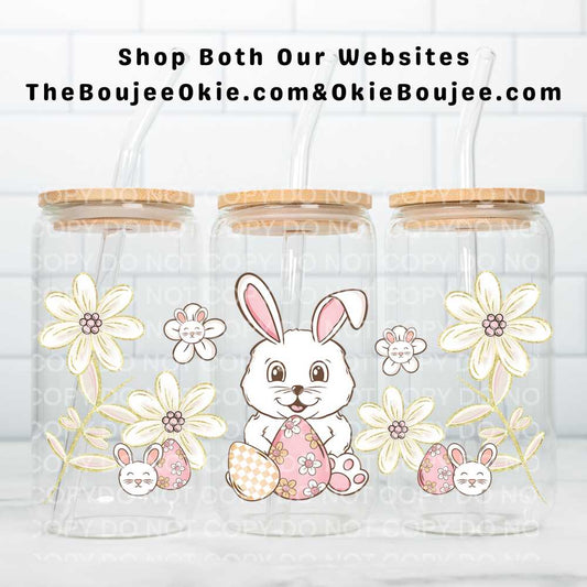 Easter Bunny Light Florals UV DTF Double-Sided Wrap – 16oz Glass Can & Tumbler Design