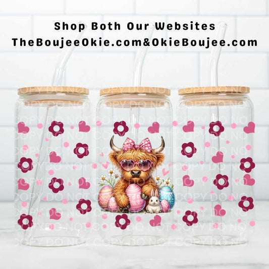 Easter Highland Cow UV DTF Double-Sided Wrap – 16oz Glass Can & Tumbler Design