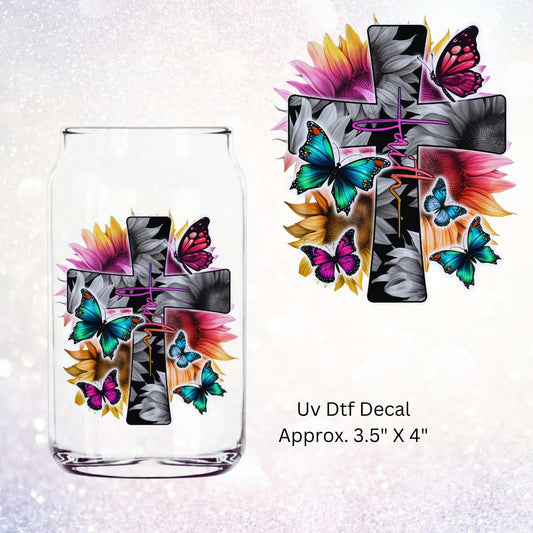Uv Dtf Decal Faith Cross Butterflies Neon Sunflowers | Double Sided