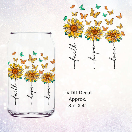 Uv Dtf Decal Faith Hope Love Sunflowers Butterflies | Hip Sip Trucker Tumbler Water Bottle Plastic Cups