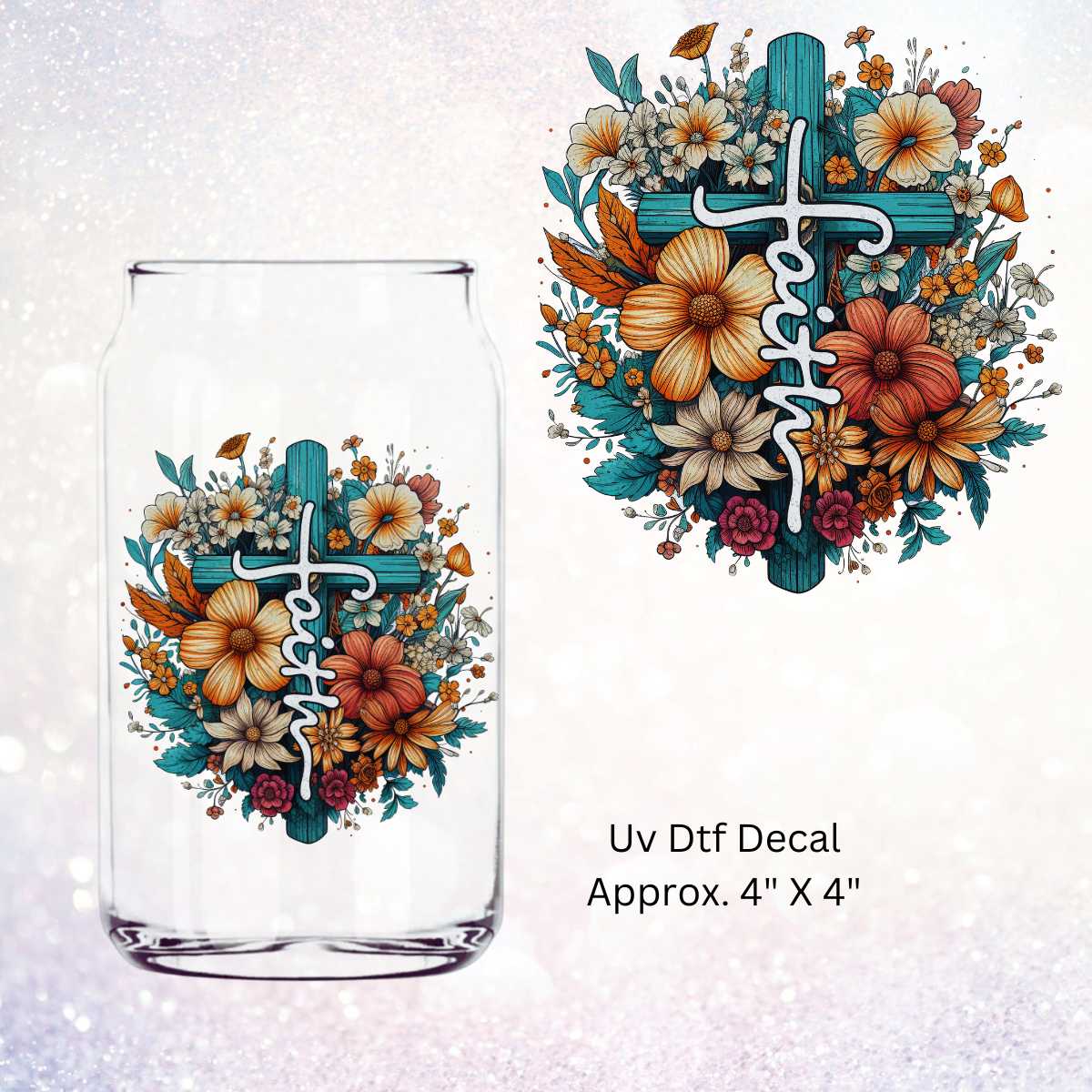 Uv Dtf Decal Faith Cross Teal Florals | Double Sided