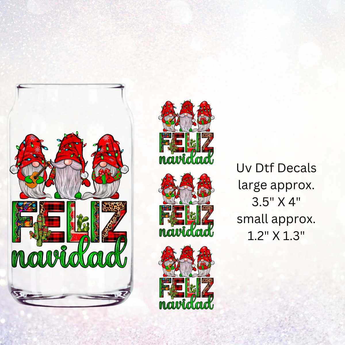 Uv Dtf Decal Set of 4 Feliz Navidad Gnomes | Christmas in July