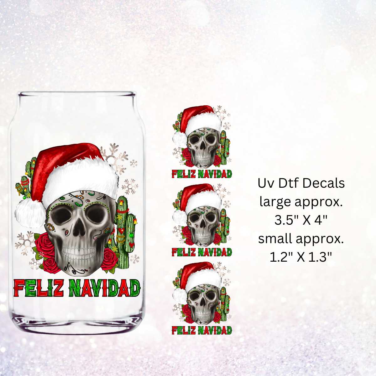 Uv Dtf Decal Set of 4 Feliz Navidad Skull | Christmas in July