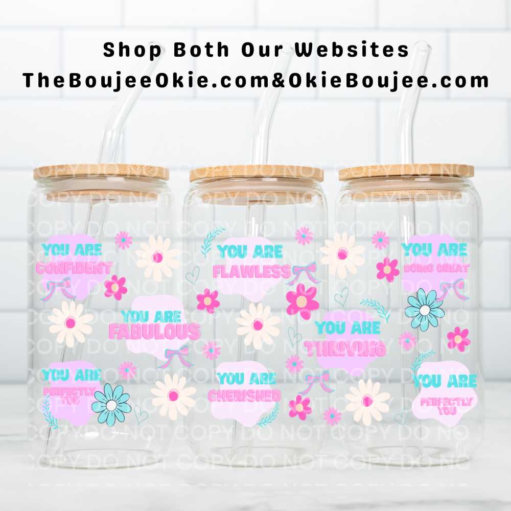 Flawless Fabulous Cherished UV DTF Double-Sided Wrap – 16oz Glass Can & Tumbler Design