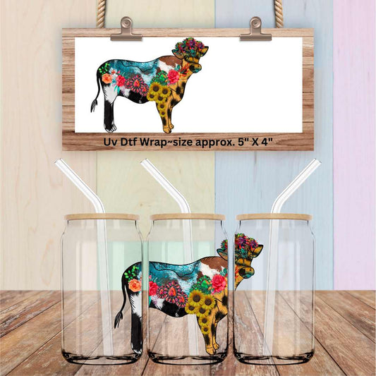 Uv Dtf Decal Floral Abstract Patchwork Highland Cow