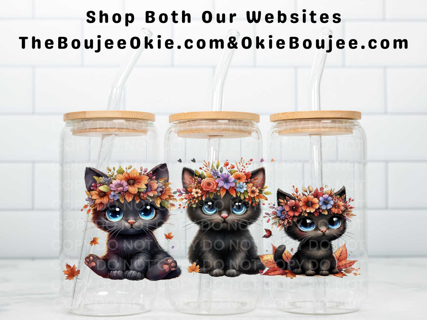 Floral Cute Little Black Cats Uv Dtf Wrap