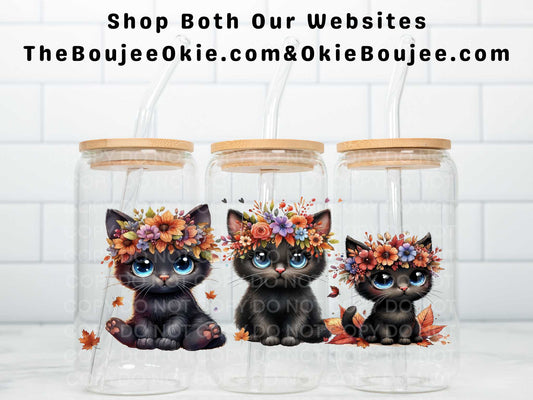 Floral Cute Little Black Cats Uv Dtf Wrap