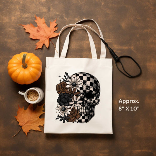 Fall Floral Checkered Skull Tote Bag Sublimation Print