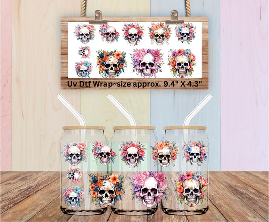 Uv Dtf Mini Gang Sheet or Wrap ~Floral Skull Clipart Elements