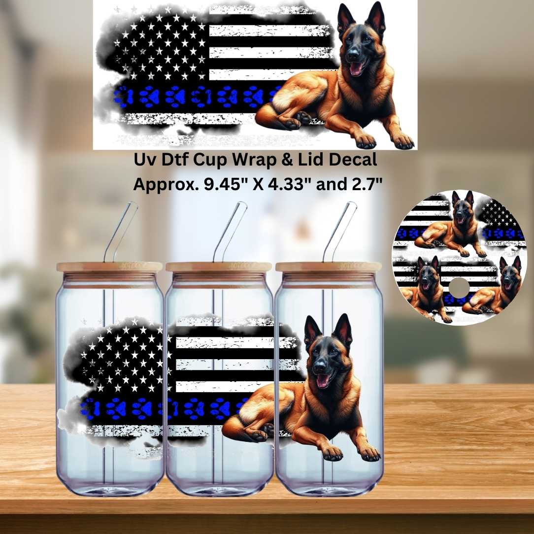 UV Dtf Wrap & Lid Decal German Shephard Dog Flag Design