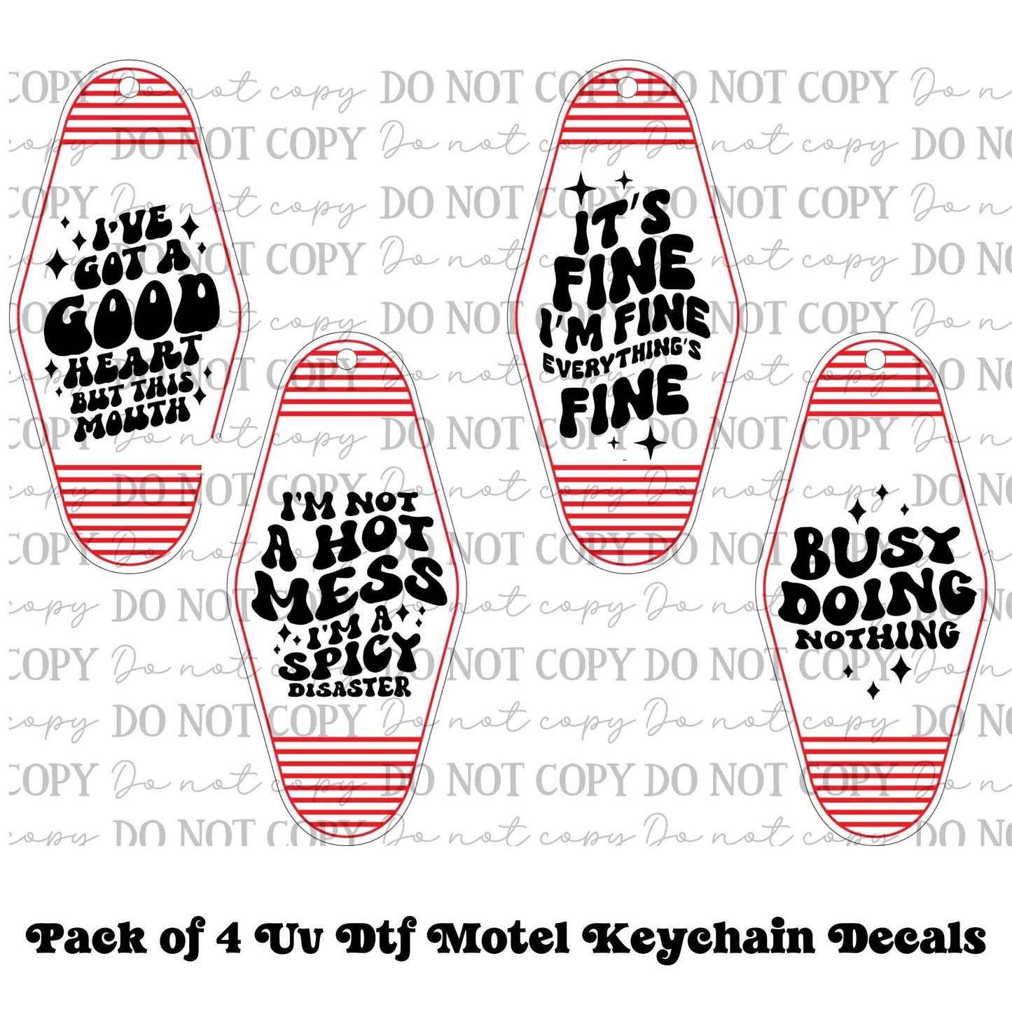 Funny & Sarcastic Motel Keychain UV DTF Decal Set – Pack of 4