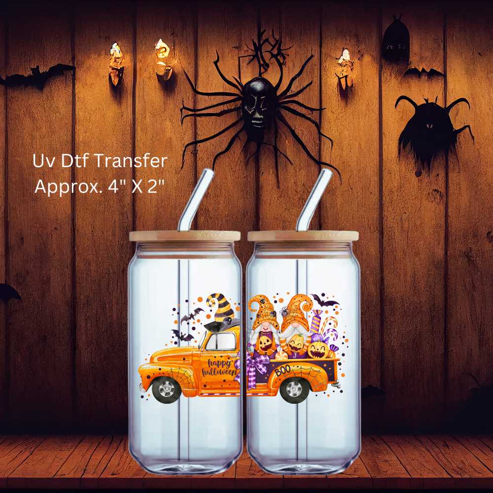 UV Dtf Decal Halloween Gnomes Happy Halloween Orange Truck  | Double Sided