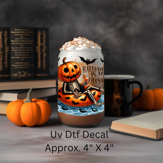 Uv Dtf Decal Pumpkin Skeleton in a Pool Float Halloween Is My Lifestyle