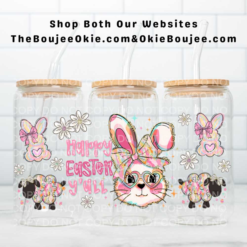Happy Easter Y'all UV DTF Double-Sided Wrap – 16oz Glass Can & Tumbler Design