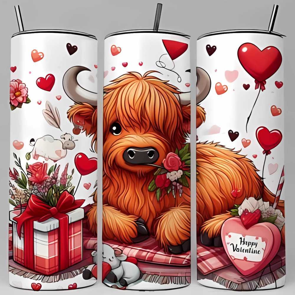 Happy Valentine Highland Cow 20oz Skinny Tumbler Sublimation Print