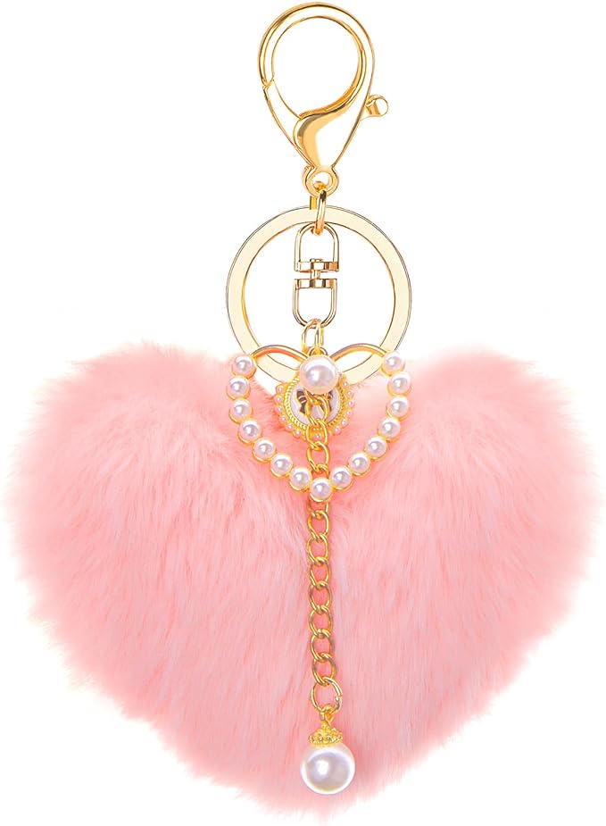 Baby Pink Heart Plush Keychain, Faux Fur Pom Pom Key Chains, Cute Keychains for Tumblers, Backpacks Purses, Handbags, Car Keys