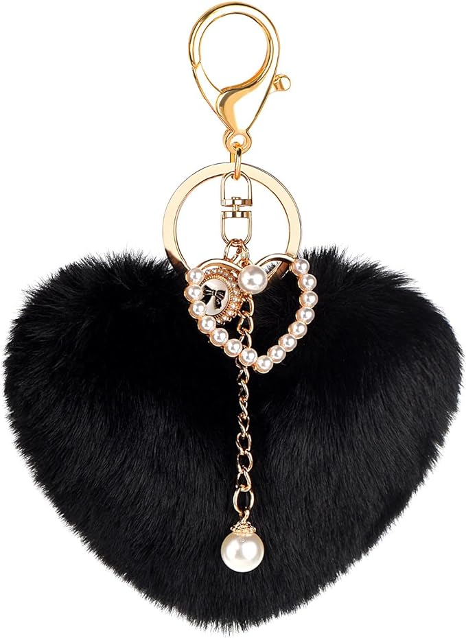 Black Heart Plush Keychain, Faux Fur Pom Pom Key Chains, Cute Keychains for Tumblers, Backpacks Purses, Handbags, Car Keys
