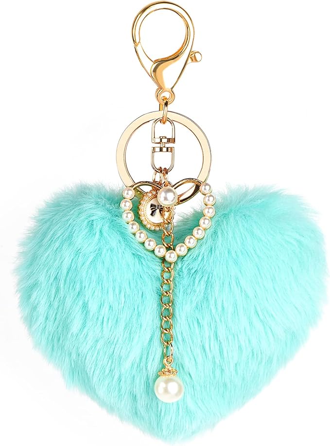Mint Green Heart Plush Keychain, Faux Fur Pom Pom Key Chains, Cute Keychains for Tumblers, Backpacks Purses, Handbags, Car Keys