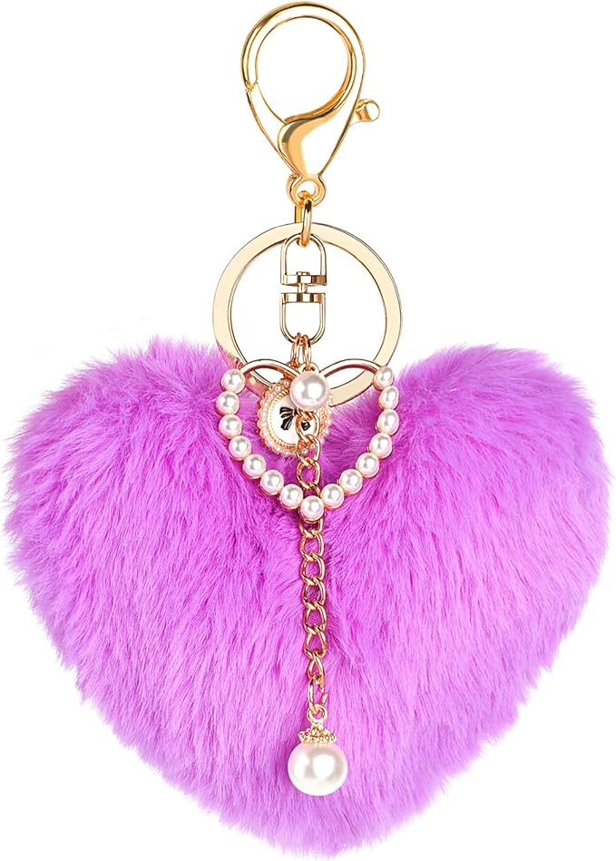 Purple Heart Plush Keychain, Faux Fur Pom Pom Key Chains, Cute Keychains for Tumblers, Backpacks Purses, Handbags, Car Keys