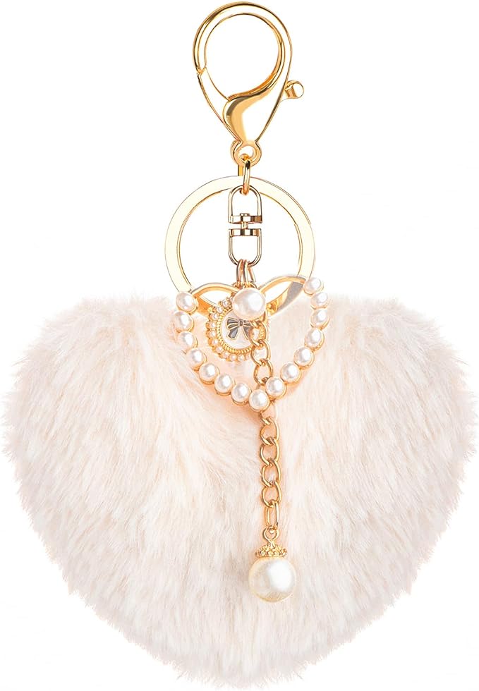 White Heart Plush Keychain, Faux Fur Pom Pom Key Chains, Cute Keychains for Tumblers, Backpacks Purses, Handbags, Car Keys