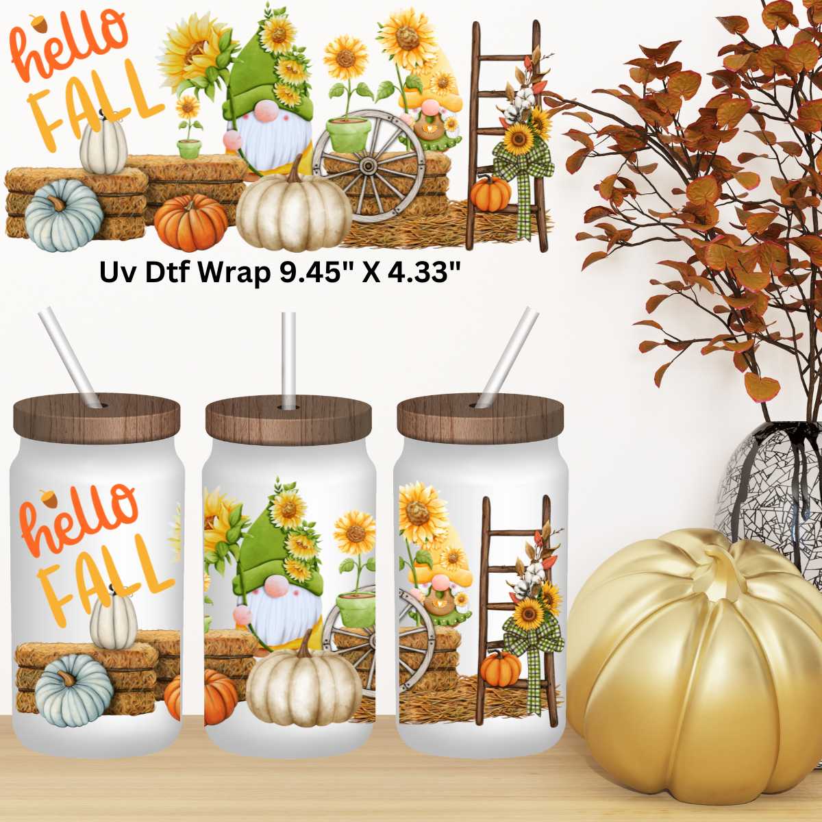 Hello Fall Gnome Double-Sided UV DTF Cup Wrap