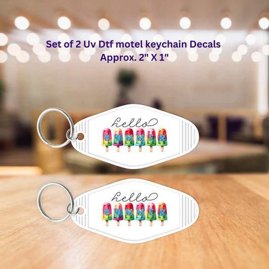 Set of 2 Uv Dtf Motel Key Chain or Shot Glass Decals Hello summer