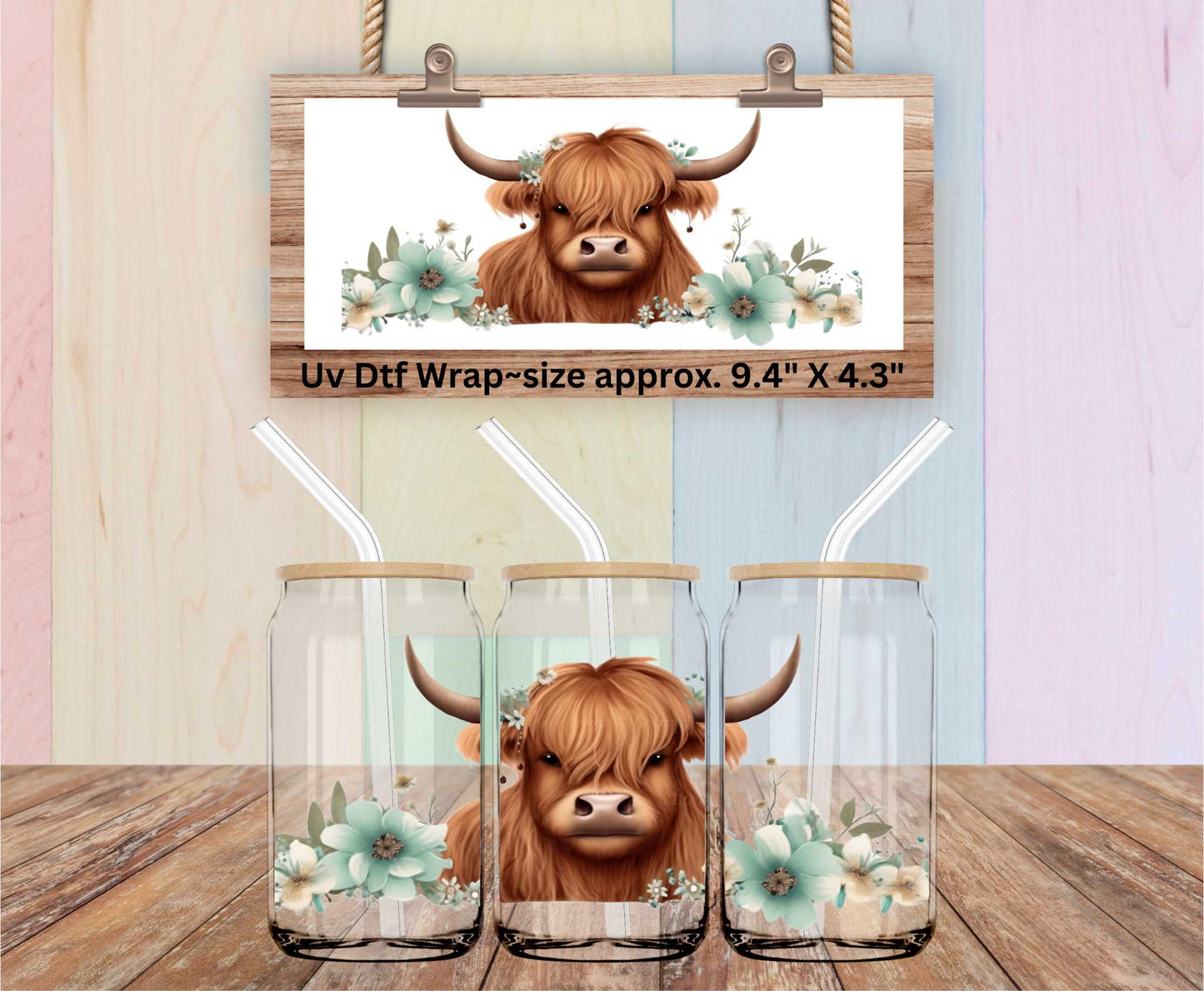 Uv Dtf Wrap Highland Cow Green Floral