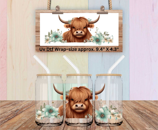 Uv Dtf Wrap Highland Cow Green Floral