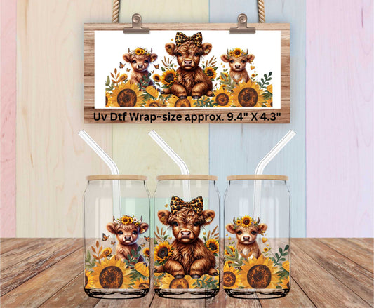 Mama & Babies HIghland Cows & Sunflowers Double-Sided UV DTF Wrap