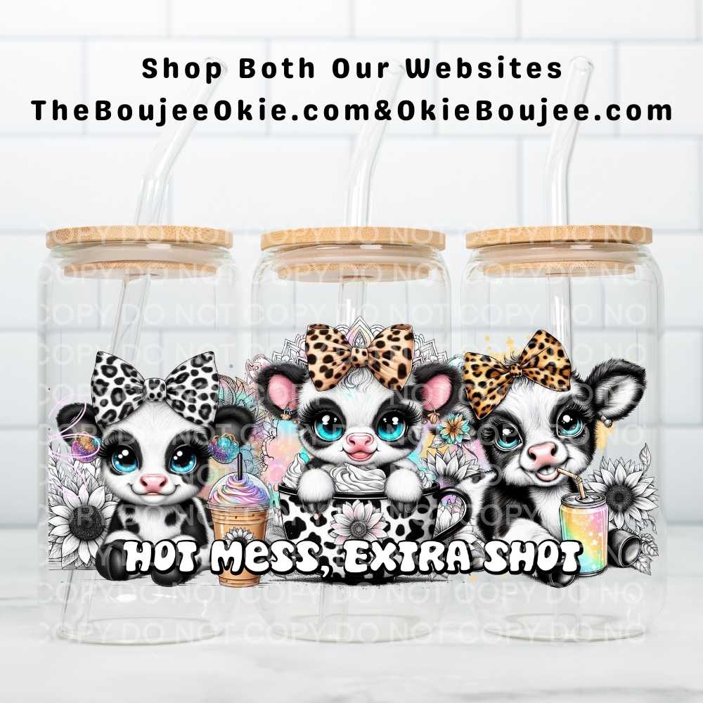 Hot Mess Extra Shot Baby Highland Cows UV DTF Double-Sided Wrap – 16oz Glass Can & Tumbler Design
