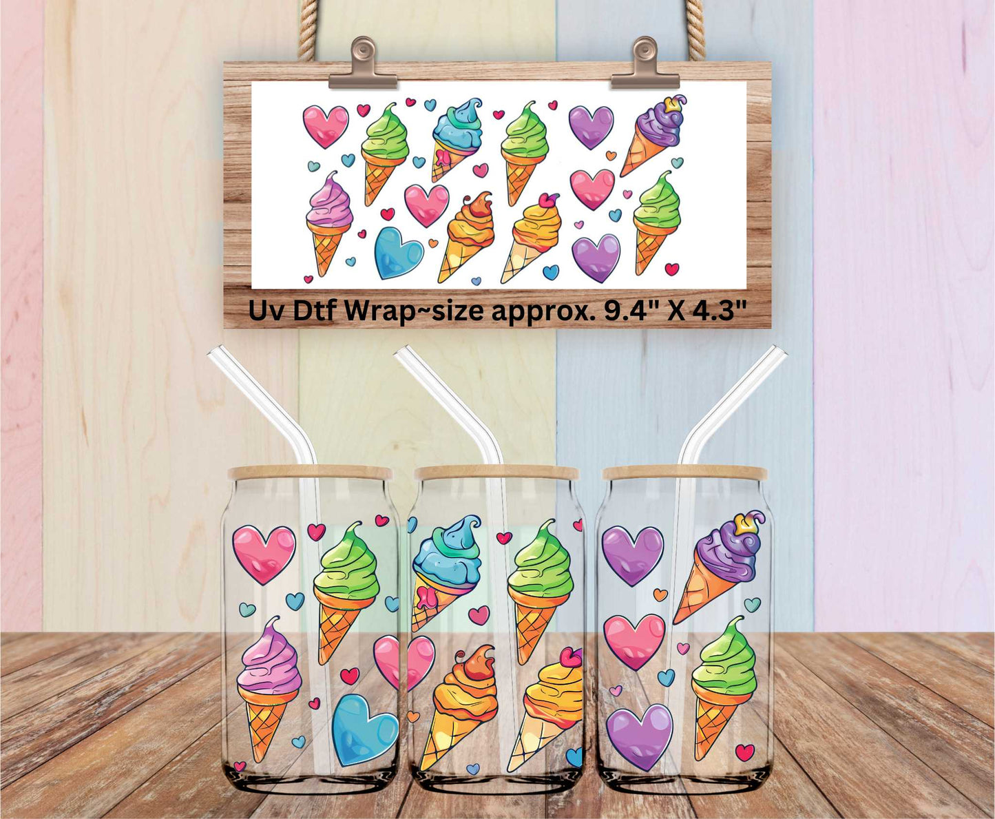 Uv Dtf Wrap Ice Cream Cones & Hearts | Mini Gang Sheet | Cut Apart | Hip Sip | Trucker |