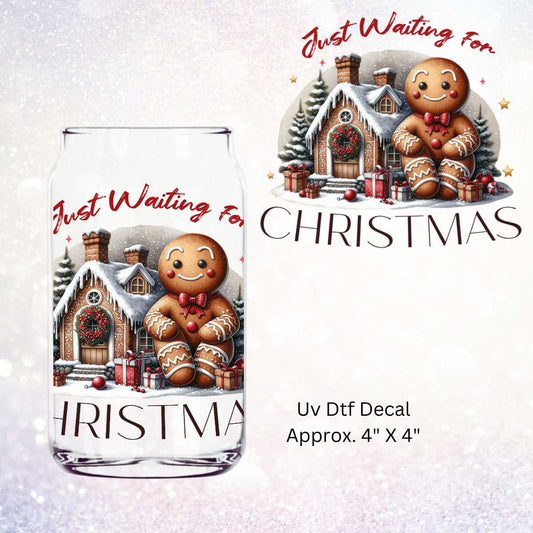 Just Waiting for Christmas – Double-Sided UV DTF Decal Featuring a Gingerbread House Snow Scene with a Gingerbread Man