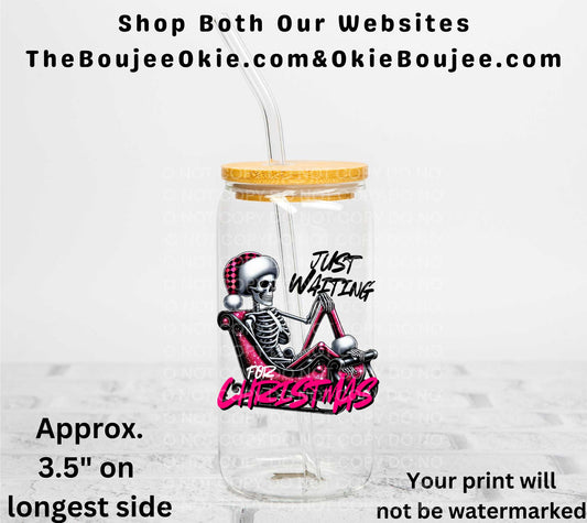 Just Waiting For Christmas Sledding Skeleton UV DTF Decal Double Sided