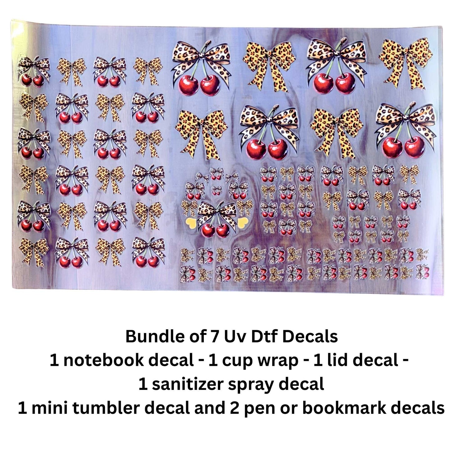Leopard Bows Cherries 7-Piece UV DTF Decal Bundle – Cup Wrap, Notebook, Lid, Keychain & Pen Decals – Single-Sided Peel & Stick Hard Surface Transfers