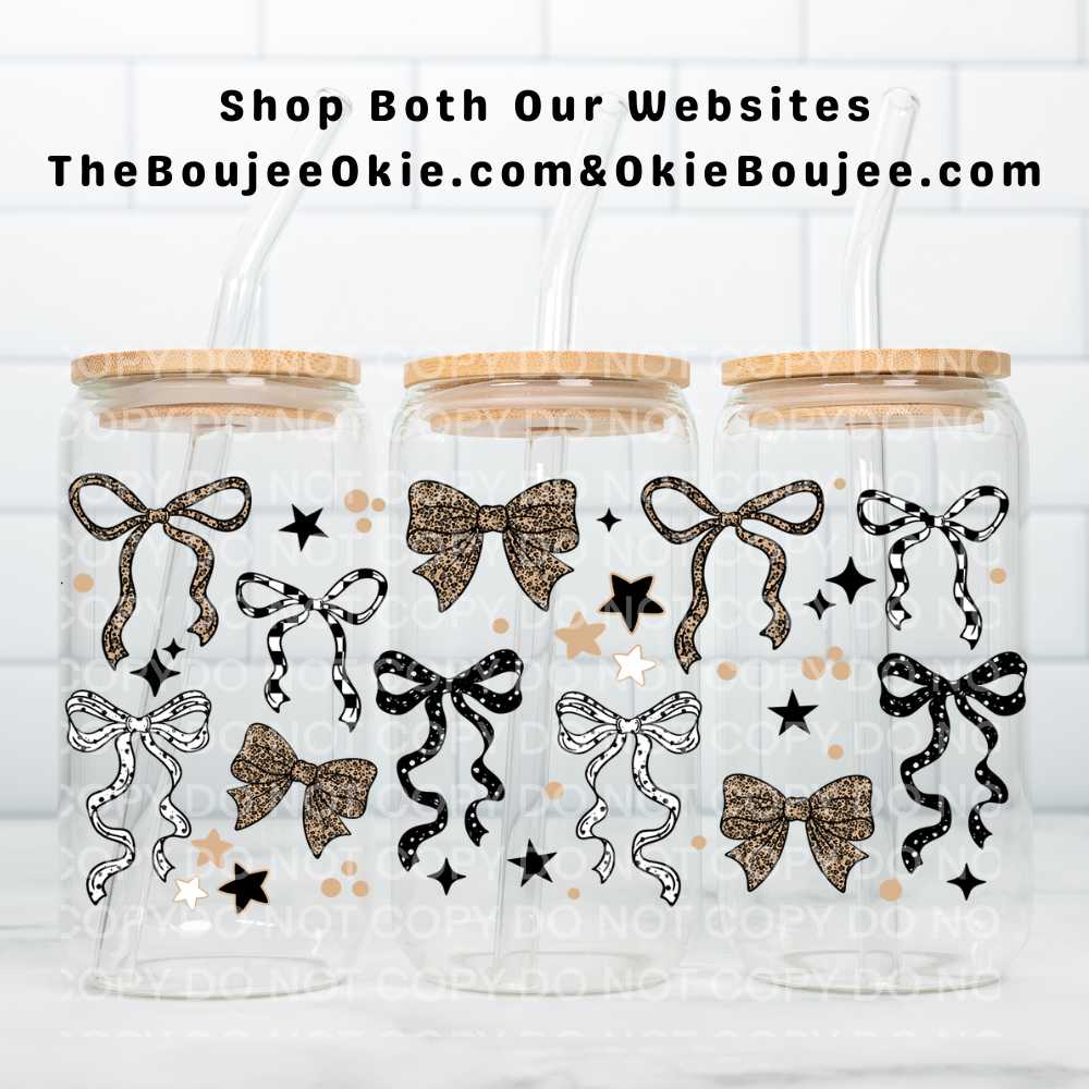 Coquette Bows Leopard Checkered UV DTF Double-Sided Wrap – 16oz Glass Can & Tumbler Design