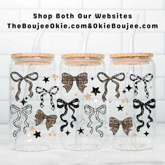 Coquette Bows Leopard Checkered UV DTF Double-Sided Wrap – 16oz Glass Can & Tumbler Design