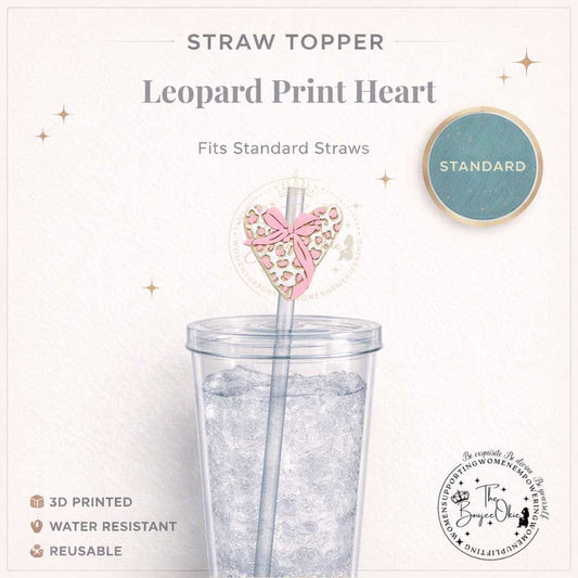 Pink Leopard Heart Straw Topper For Standard Straws