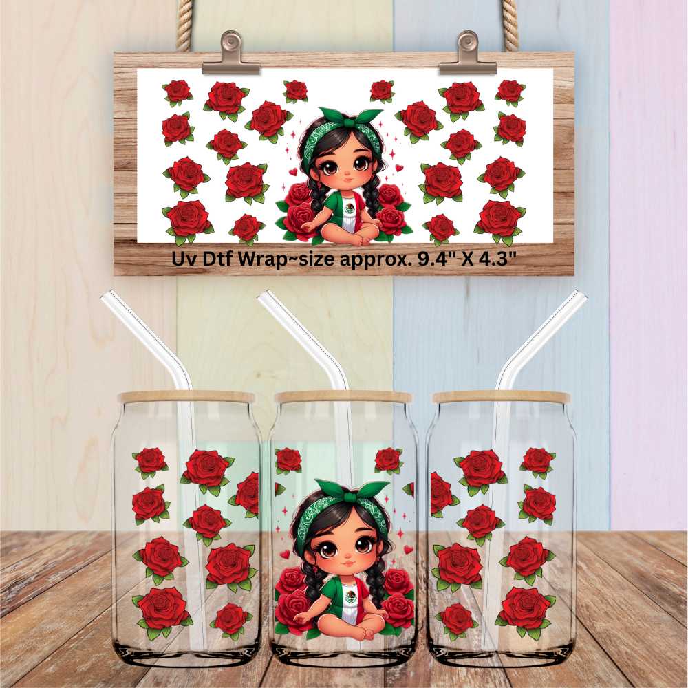 Double Sided Uv Dtf Wrap Mexican Chica Girl with Roses