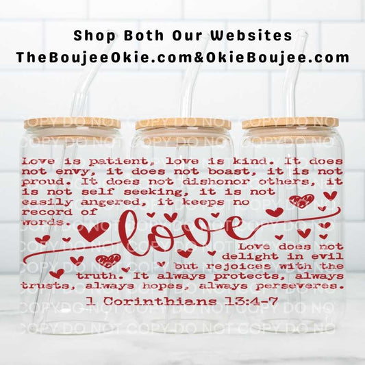 Faith Based Valentine Love Is Patient Love Is Kind UV DTF Double-Sided Wrap – 16oz Glass Can & Tumbler Design